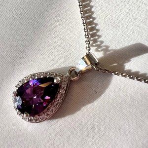 Silver Tone Tear Drop Amethyst and CZ Stone Dainty Necklace